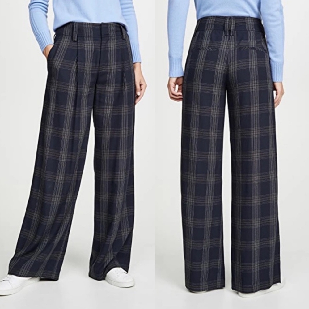 Vince Navy Plaid Wide-Leg Pants